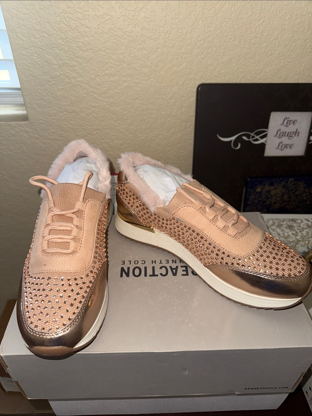 Kenneth Cole Reaction Rose Gold Metallic Knit Sneakers with Faux Fur